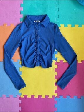 Reformation Blue Ribbed Knit Collared Button-Up Cropped Long Sleeve‎ Top XS